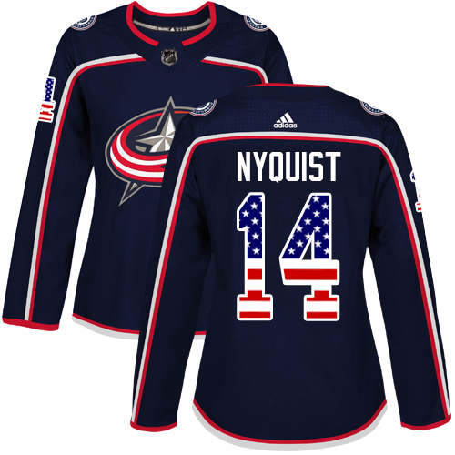 Adidas Blue Jackets #14 Gustav Nyquist Navy Blue Home Authentic USA Flag Women's Stitched NHL Jersey